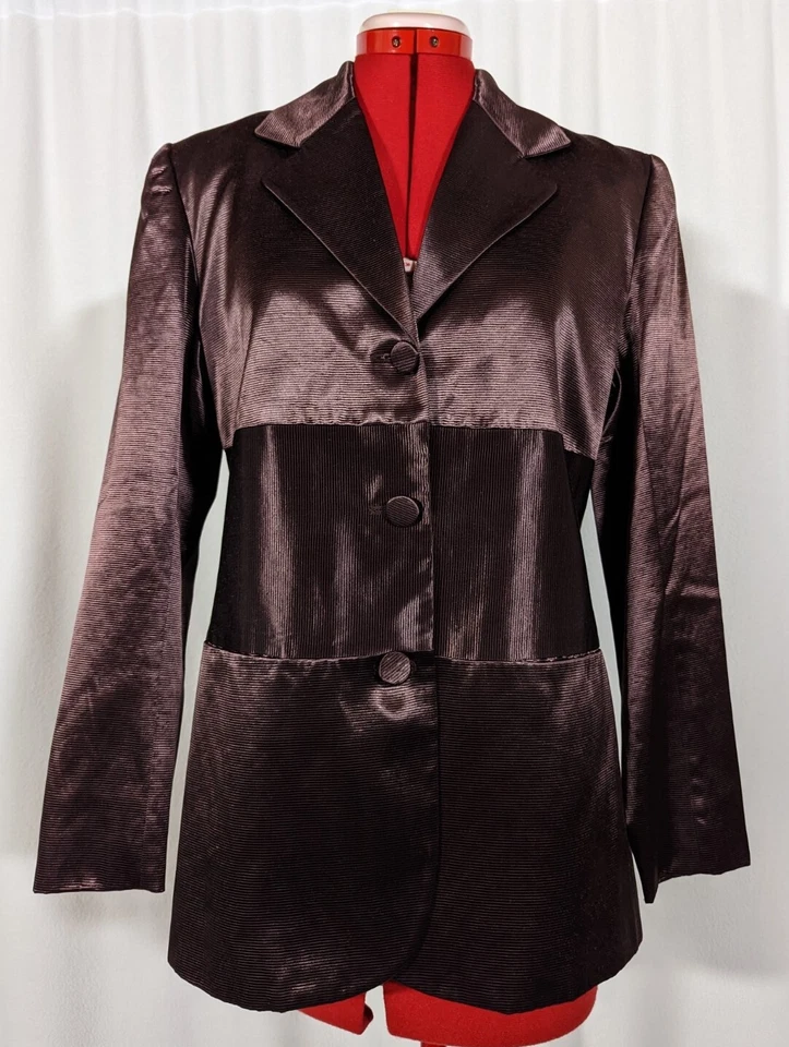 Chaqueta Vivienne Tam Vintage Años 90 Pasarela Rayón Marrón Satinado Cobre Op Art Brillo Foto 3 de 4