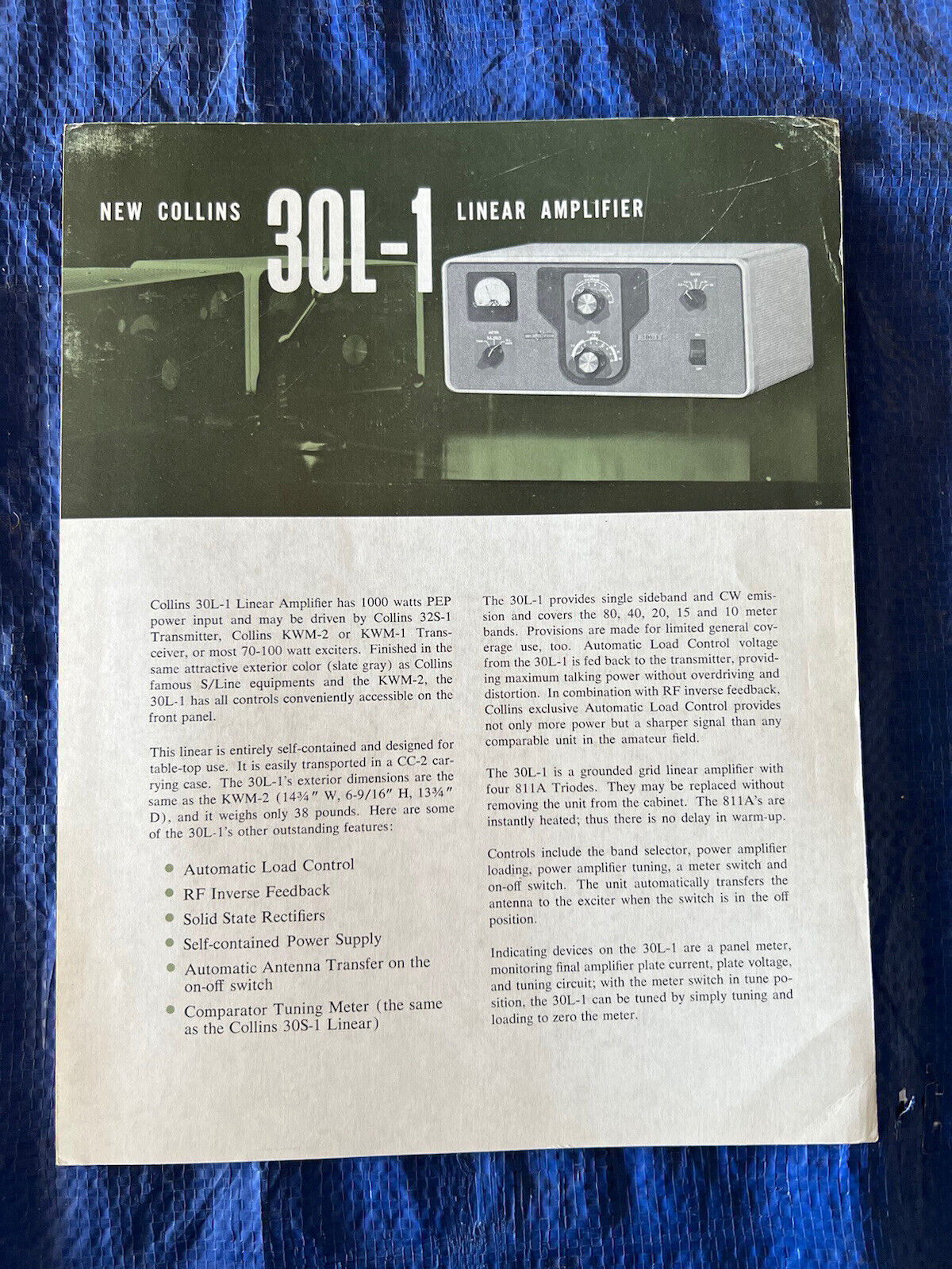 Vintage 1960’s Collins 30L-1 Linear Amplifier Dealer Spec Sheet