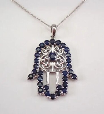 2.33Ct Round cut Lab-Created Sapphire Hamsa Shape Pendant 925 Sterling Silver