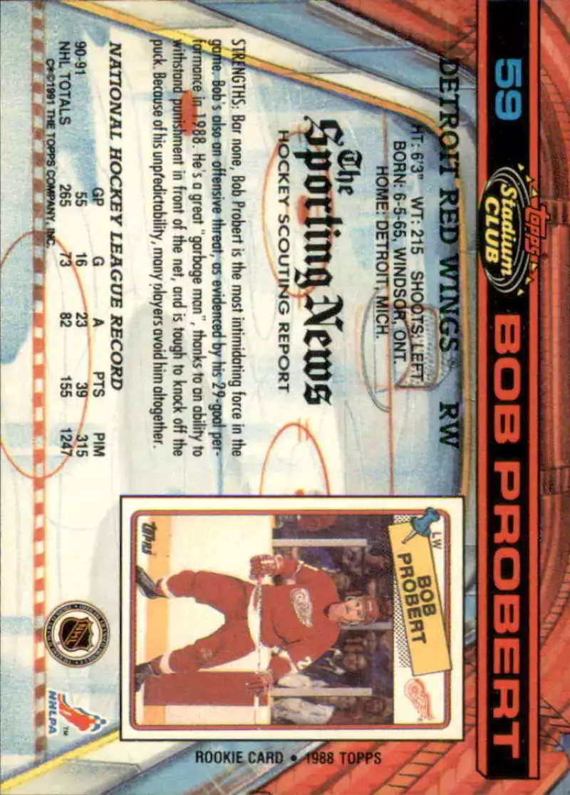 🚨 Bob Probert 1991-92 Stadium Club Topps #59 Detroit RED WINGS💥🏒