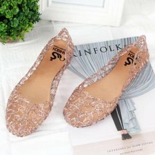 Women Ladies Jelly Shoes Slip On Hollow Out Crystal Flats Summer Beach Sandals