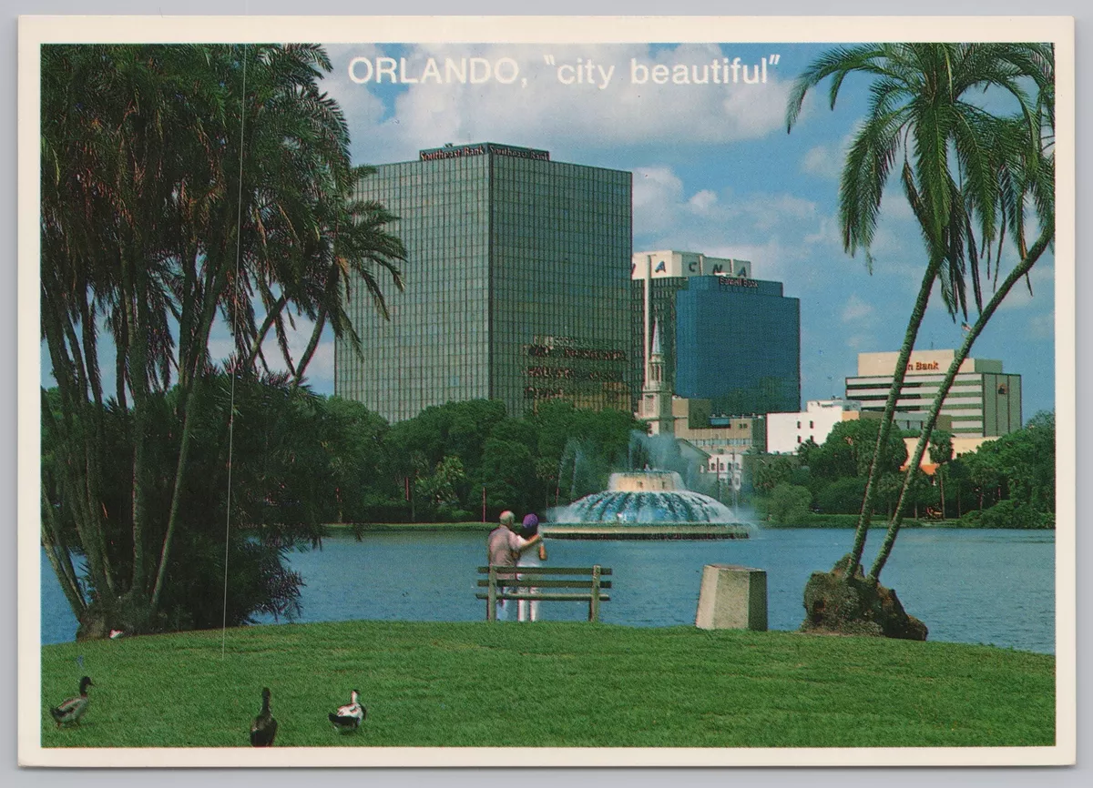 Orlando Florida Skyline & Fountain From Across Lake Eola~Continental  Postcard