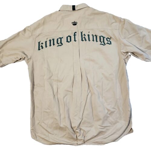 Vtg Sean John 'King Of Kings' Mens XXL Beige Tan Short Sleeve Shirt Snap Button