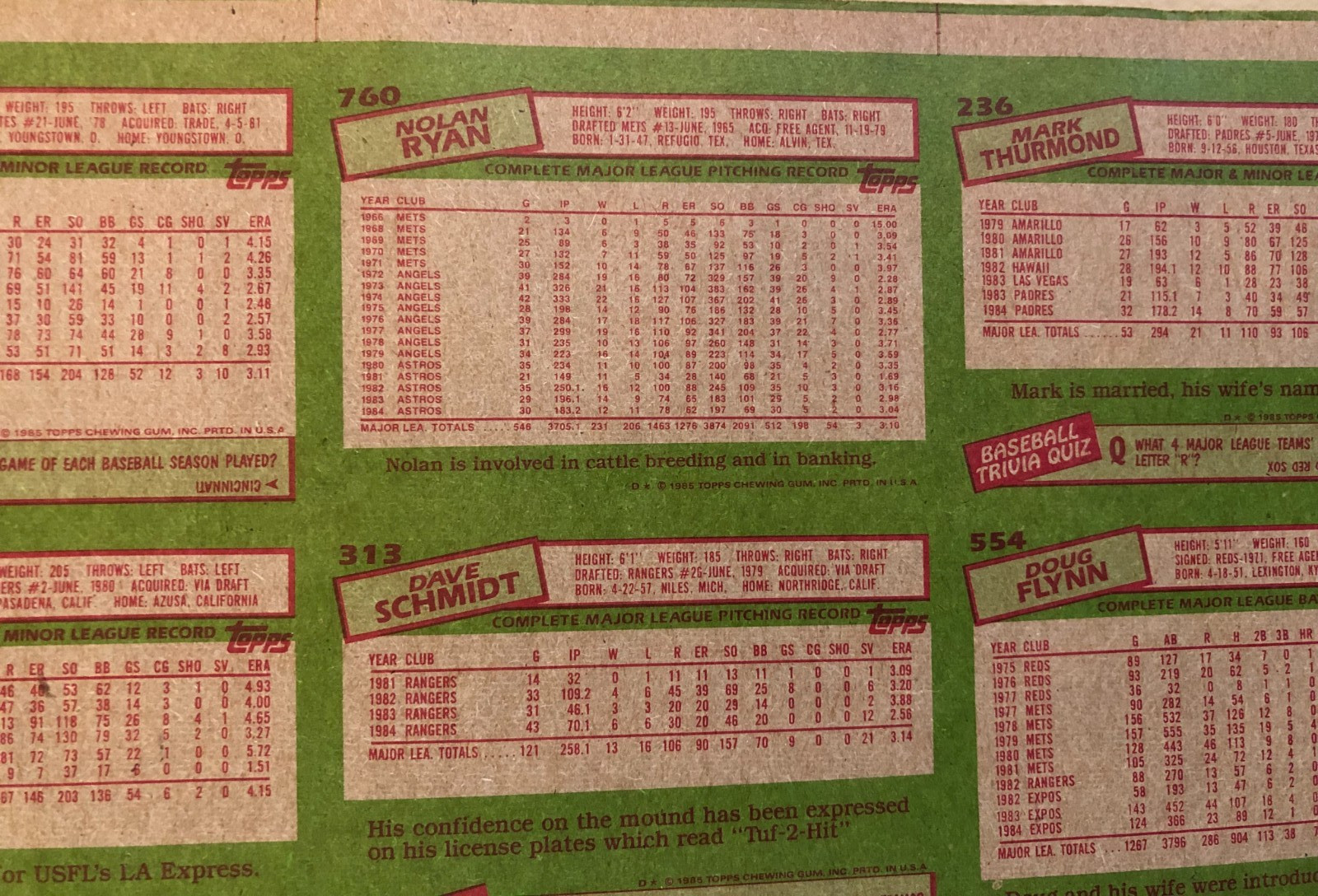 1985 Topps Baseball Card VINTAGE Uncut Sheet (88 Cards) 28" x 28" w/ NOLAN RYAN!