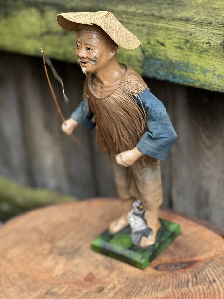 Antique Chinese fisherman paper mache figure model hand painted statue folk art - Image 3 of 4