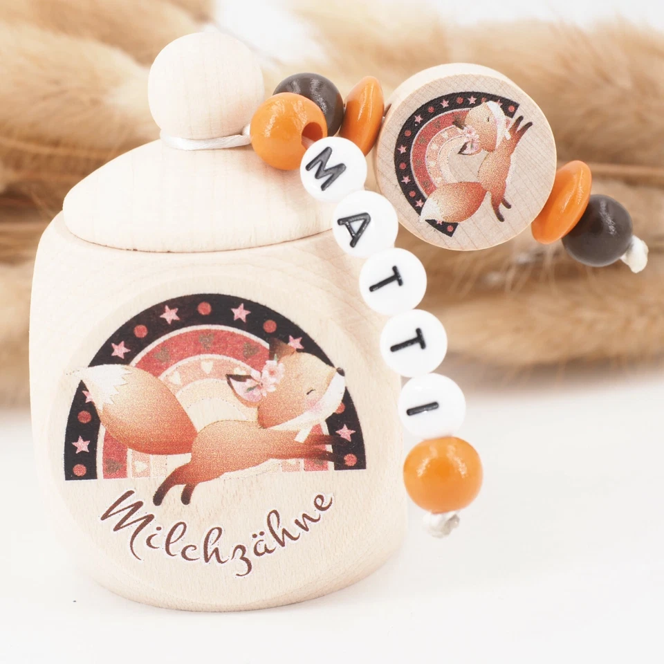 MOTZISBUNTEWELT Milchzahndose mit Namen ❤ Fuchs Regenbogen orange braun Geschenk Mädchen Zahnfee