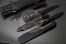 Custom Forged Carbon Steel Kitchen Knife Set | Handmade Chef Knives + Leather