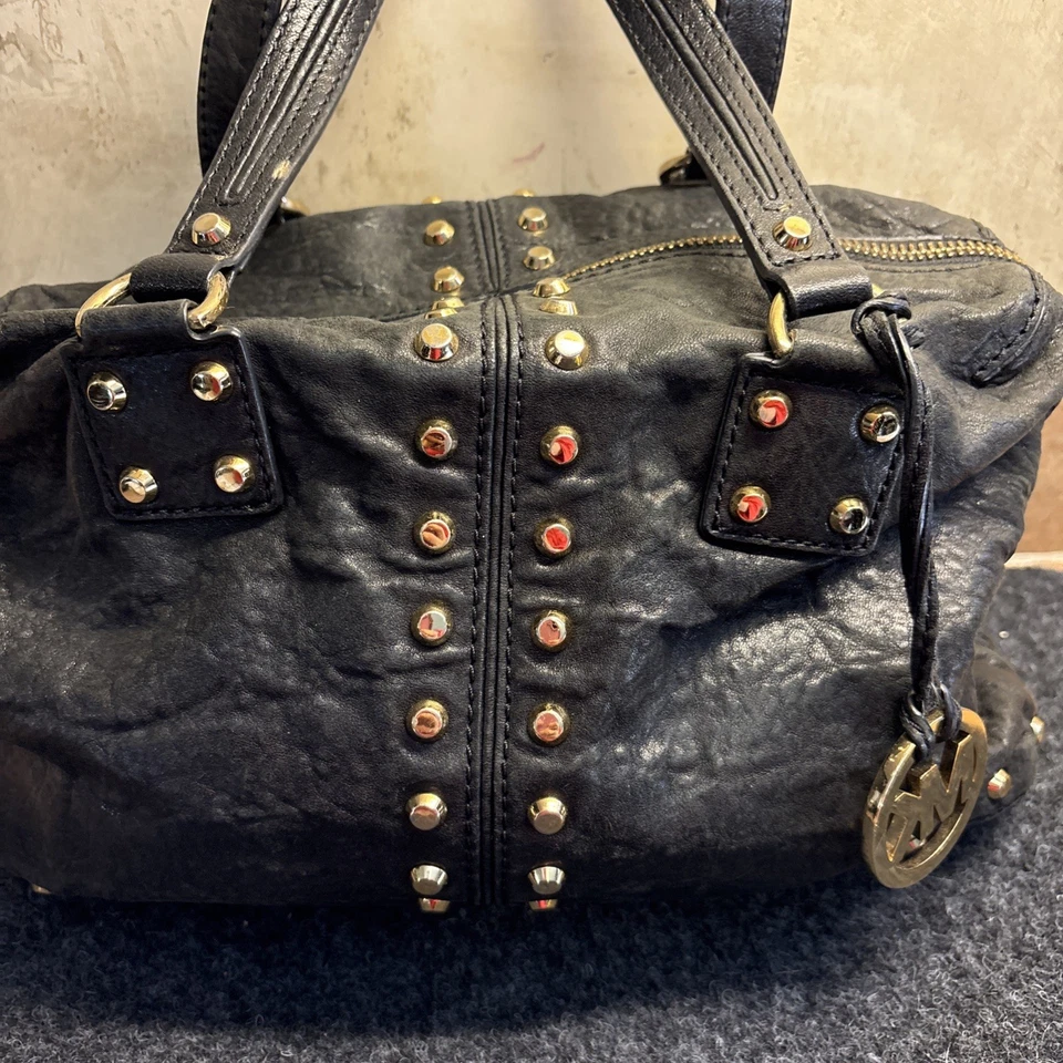 Michael Kors Black Soft Leather Satchel Handbag Gold Studs Purse - Image 3 of 4