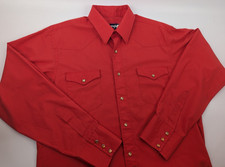 Vtg Western Wrangler Mens Red Cowboy Cut X-Long Tails Pearl Snap Shirt USA 16x34
