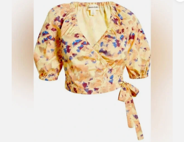 New Open Edit Cropped Wrap Puff Sleeve Wrap Top Multicolor Poplin L Nordstrom