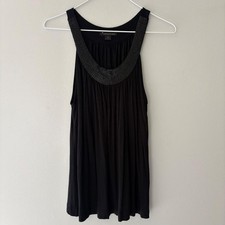 Twentyone Black Beaded Scoop Neck Pleated Sleeveless Tank Top Small Made in USA