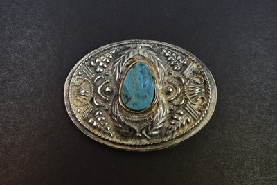große Gürtelschließe versilbert mit Türkis wohl Navajo USA 8,3 x bis 6,2 cm