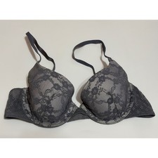 VTG Victoria's Secret Lined Demi Bra 36B Charcoal Gray Floral Lace Underwire Y2K