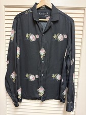 AllSaints Heath LS Shirt Mens M Black Floral Rose Print Viscose Relaxed Luxury
