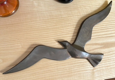 Large Brass Flying Bird Wall Sculpture 17.5  MCM Style Coastal Decor