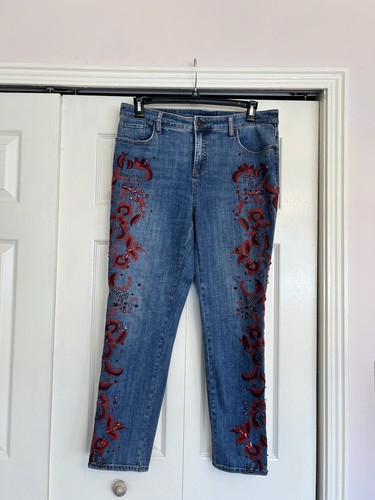 Chico's so slimming girlfriend slim leg ankle jeans embellished size 2 Ankle