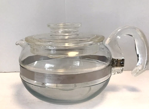 Vintage Pyrex 6 cup glass teapot Flame ware blue tint pot clear lid GC