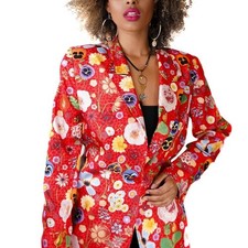 Vintage Carlisle Blazer Jacket Silk Floral Garden Party Red Floral One Button 8