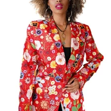 Vintage Carlisle Blazer Jacket Silk Floral Garden Party Red Floral One Button 8