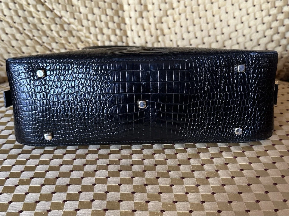 Vintage Salvatore Ferragamo Croc Embossed Leather Barrel Bag Black Italy - Image 3 of 4