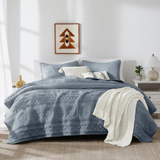 Boho Blue Grey Quilt King Size Bedding Sets with 2 Pillow Shams, Farmhouse Light