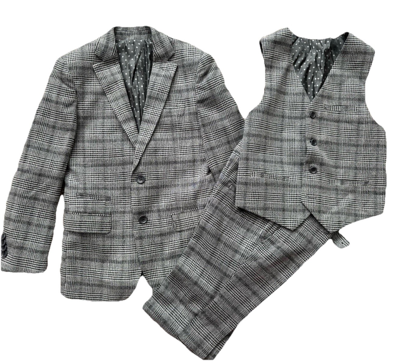 Isaac Mizrahi Boys 3 Piece Suit Size 8 Gray Black Plaid Wool