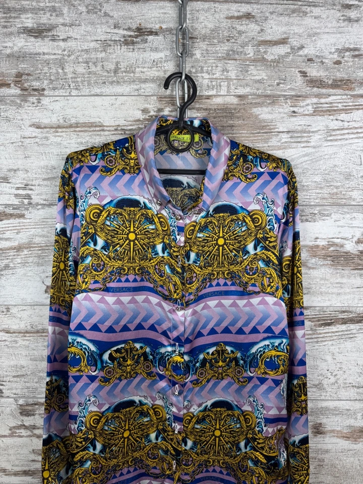 Mujer Vintage Versace Jeans Camisas Botón Seda Floral Top Talla US 8 Foto 3 de 4