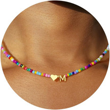 Colorful Beaded Initial Necklaces for Women Girls, 14K-Gold-Plated Heart Letter