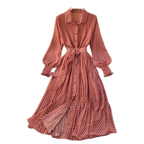 Women Chiffon Pleated Dress Long Puff Sleeve Polka Dot Midi Button with Belt - Picture 5 of 23