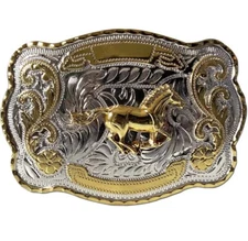 Classic Western Cowboy Belt Buckle, Mustang, Engrave-able, Gold & Silver Tone