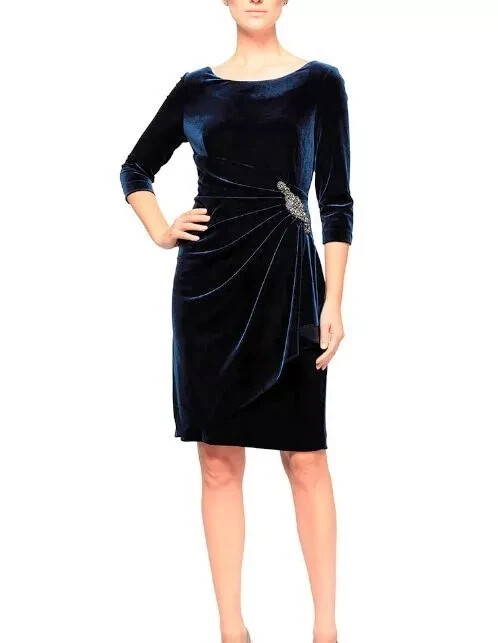 Alex Evenings Womens Dress Navy Blue Size 14 Velvet Ruched-Side Sheath