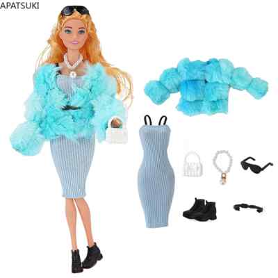 Blau Kleidungsset für Barbiepuppe Mantel Kleid Weiß Tasche Gürtel Brille Stiefel