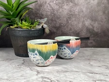 Lucky Cat Ceramic Ramen Noodle Rice Bowl W/chopsticks & spoon gift 2 Set