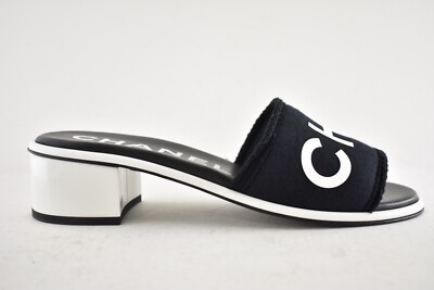 Chanel 24C Black White CHA NEL Letter Logo Mule Slide Block Heel