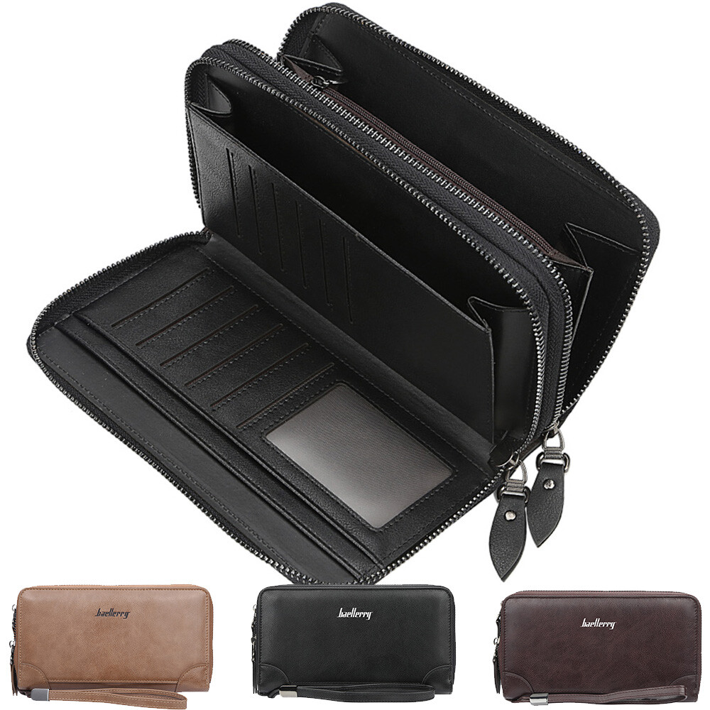 Men Double Zip Wristlet Wallet Clutch Purse Large-Capacity Bag Handbag Pocket