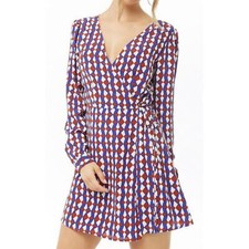 F21 Blue Geo Print Mini Woven Wrap Dress Size Medium
