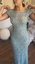 Blue Beige Lace Formal Gown Evening Dress with Cap Sleeves Floor Length Elegant