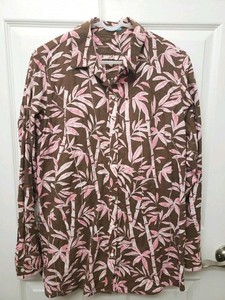 J McLaughlin Cotton Button Top Blouse Long Button Down Bamboo Brown Pink Medium