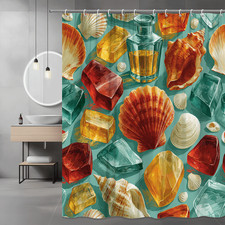 Seashell and Gem Print Shower Curtain, Coastal Graphic Design
