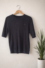 Vintage Cacharel Paris Medium Navy Women's Cable Knit Short Sleeve Sweater