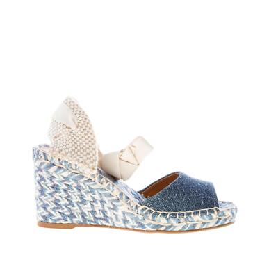 CHLOE' damen schuhe blau denim ecru stoff Piia keilsandale mit raffia