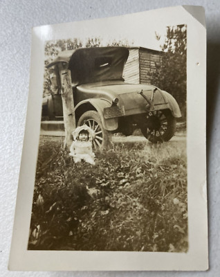 Vintage 1920s Snapshot Photo Creepy Lifelike Doll Posed by Antique Touring Car