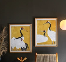 Black White Red Heron Birds Framed Prints Under Glass Wall Art Cranes ~ Set Of 2