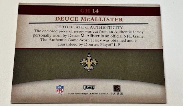 Deuce McAllister 2006 Playoff Prestige Gridiron Heritage Materials #GH14 - Image 2 of 2