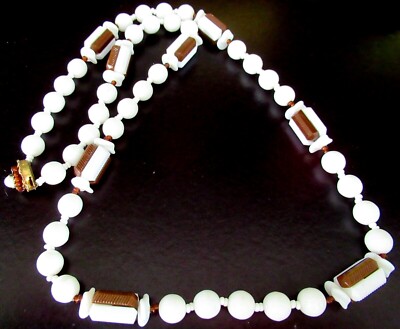 MIRIAM HASKELL White Glass & Chocolate Brown Bead Vintage Necklace