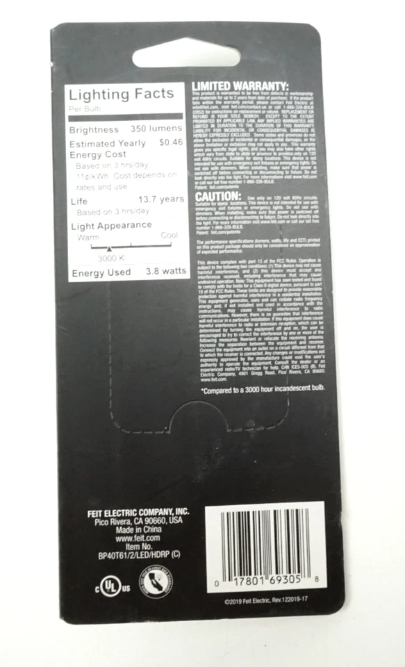 Feit 40W Bright White (3000K) T6-1/2 Intermediate E17 Appliance LED Light Bulb - Image 2 of 2