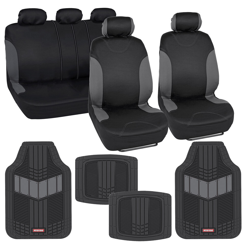 13 PC Car Seat Covers & Rubber Floor Mats Set Charcoal Two Tone Sedan Truck SUV