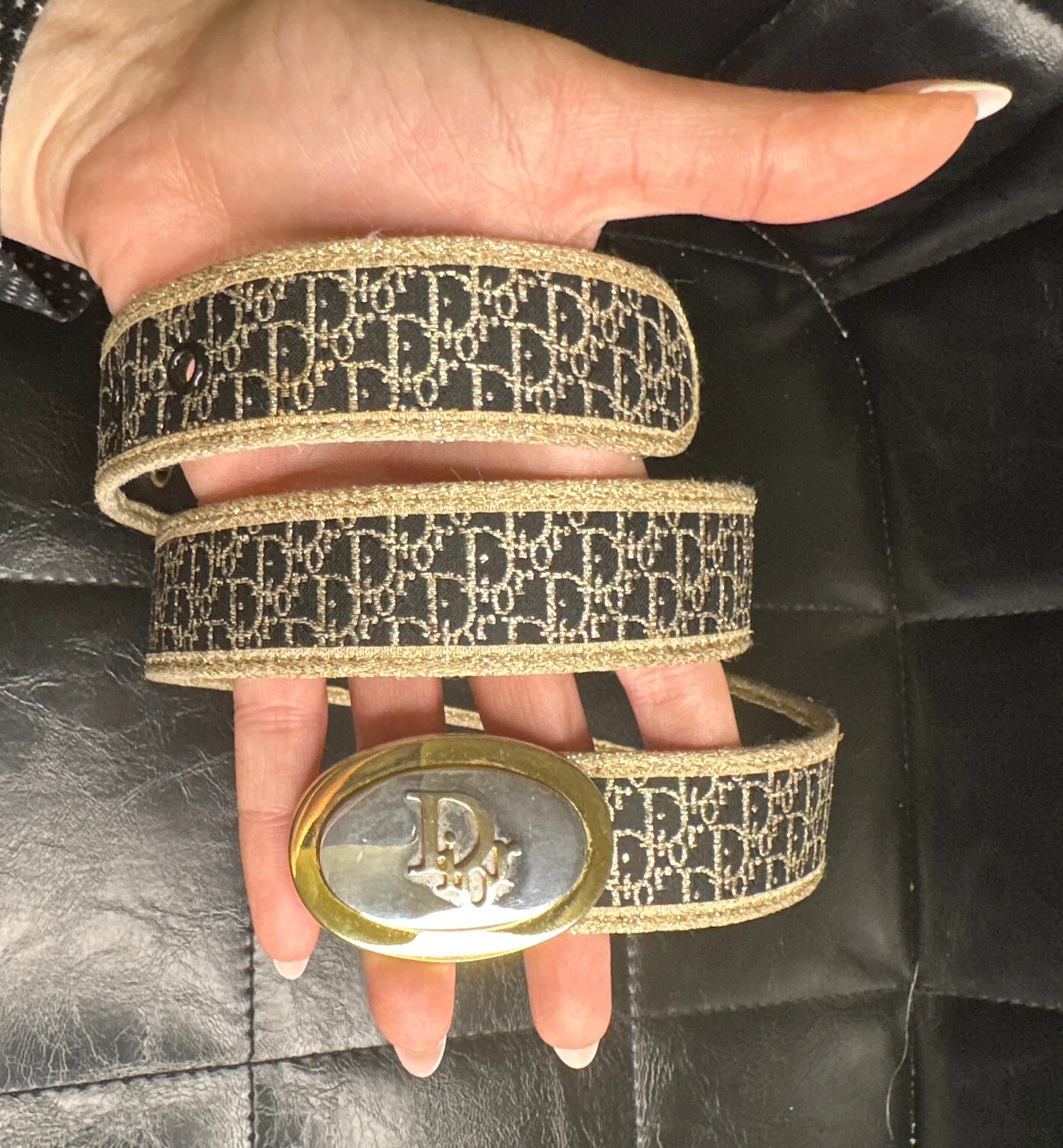 Ceinture Dior vintage noire dorée boucle pailletée logo trotteur oblique monogramme 75
