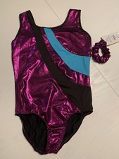 NWT Danskin Girls Sz L Leotard Matching Hair Band Dance Gymnastics Purple Shiny