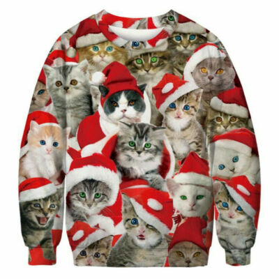 Women Girl Ugly Christmas Sweater Cute 3D Cat Festive Sweatshirt